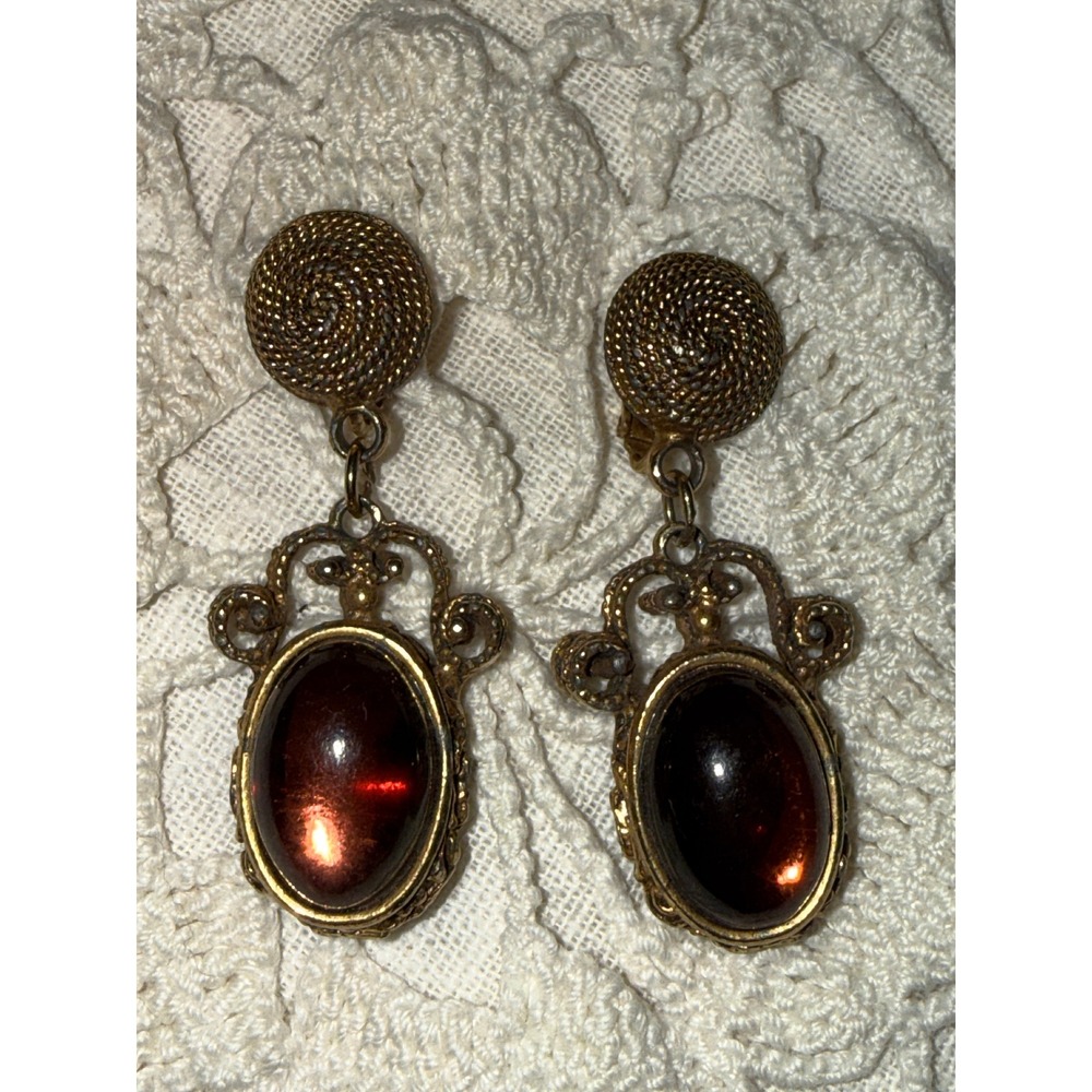 Whimsigoth Brown Cabochon Ornate Gold Tone Clip On Drop Earrings